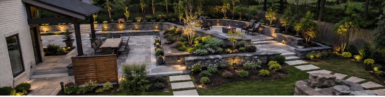 A landscaped backyard at dusk: paver terraces, seat walls, planted beds and path lighting.