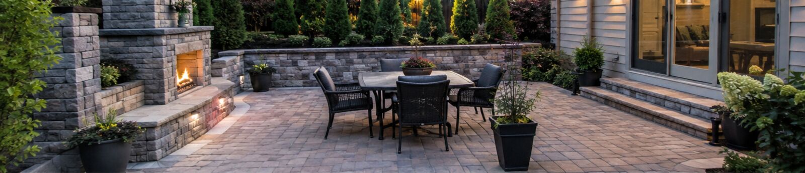 An evening patio with a stone outdoor fireplace, dining set and a low seat wall.