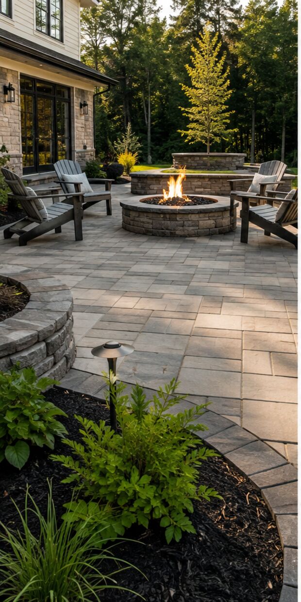 A paver patio with a circular stone fire pit, seat wall and Adirondack chairs at golden hour.