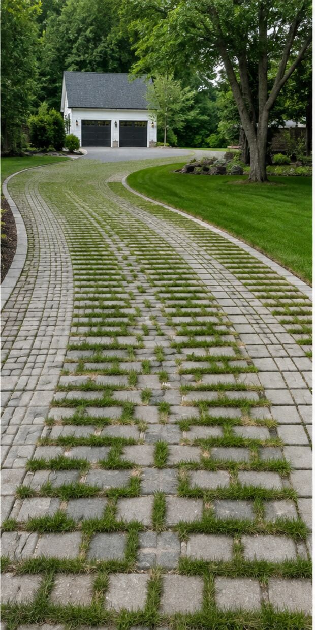 A finished permeable paver driveway with grass growing through the joints, curving up to a garage.