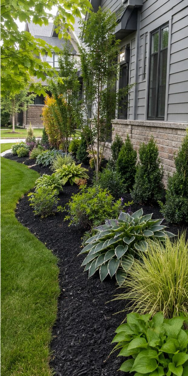 A curved foundation bed in black mulch with hostas, grasses, boxwood and young trees along a house.